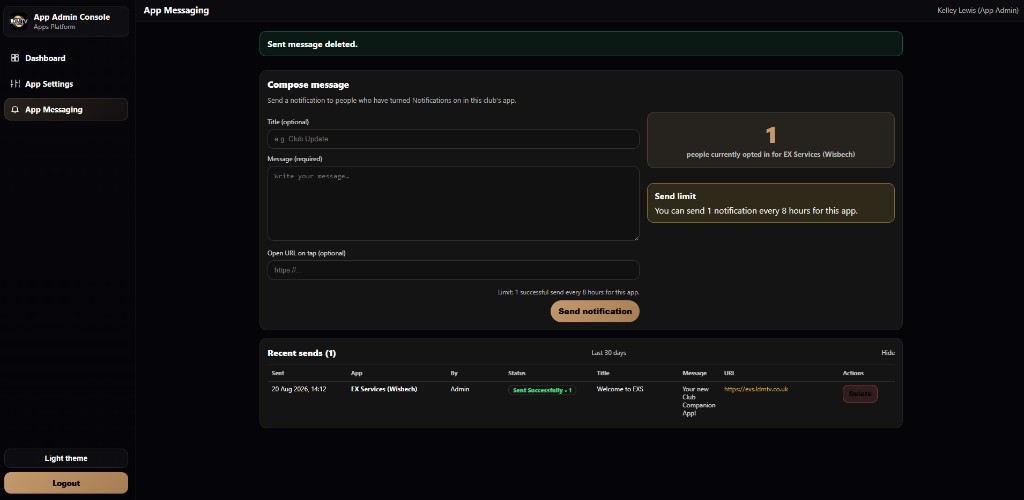 Admin App Messaging compose screen with recent subscriber sends