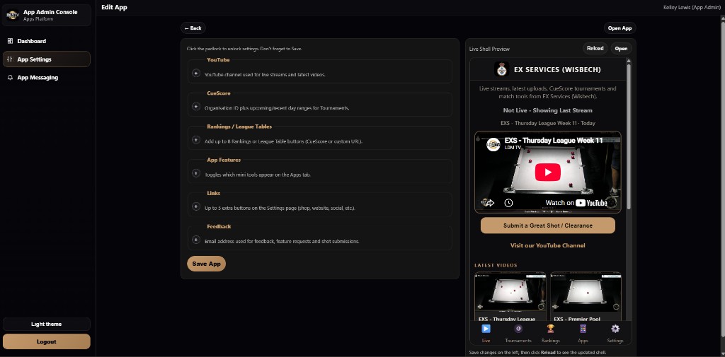 Admin App Settings with live club app shell preview