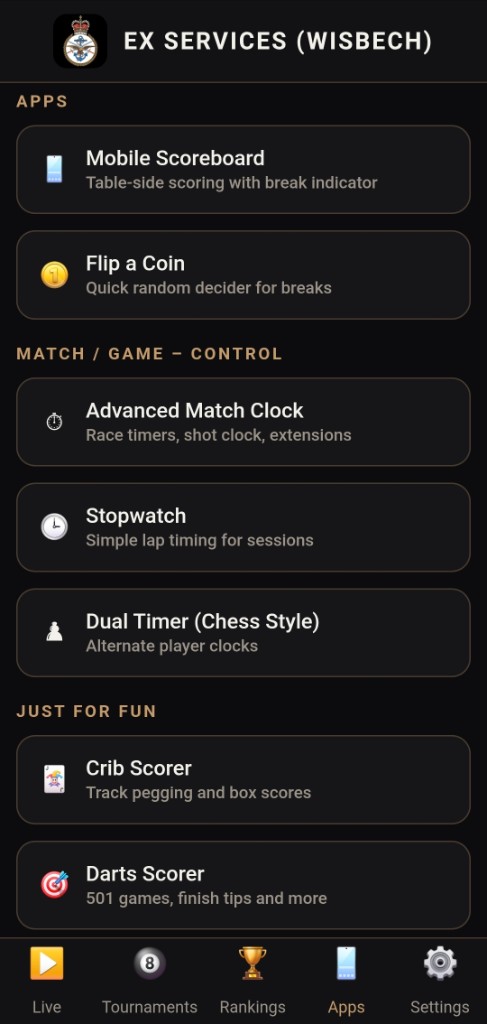 Club app Apps tab with scoreboard, match clock and table tools