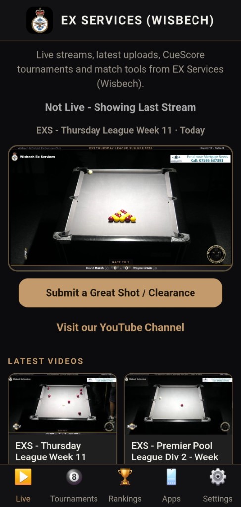 Club app Live tab with stream and great-shot call to action