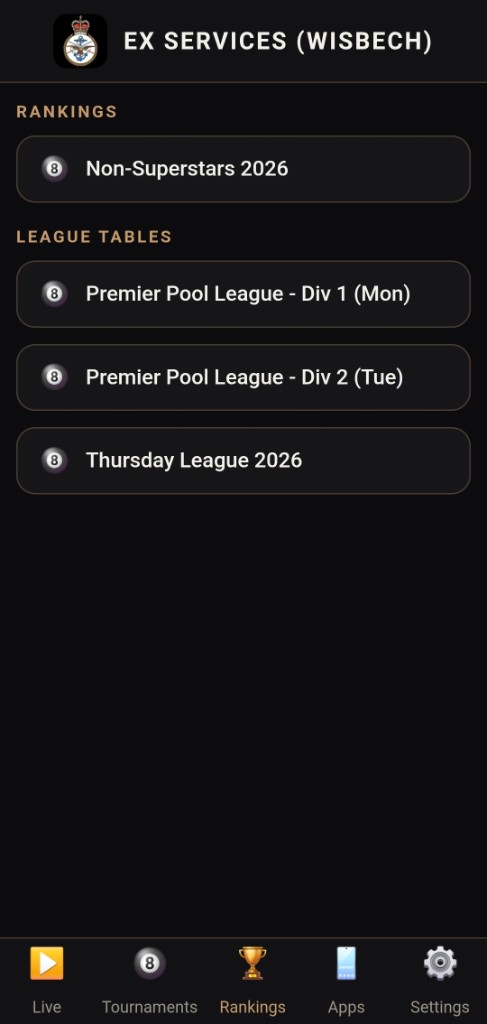 Club app Rankings tab listing league tables