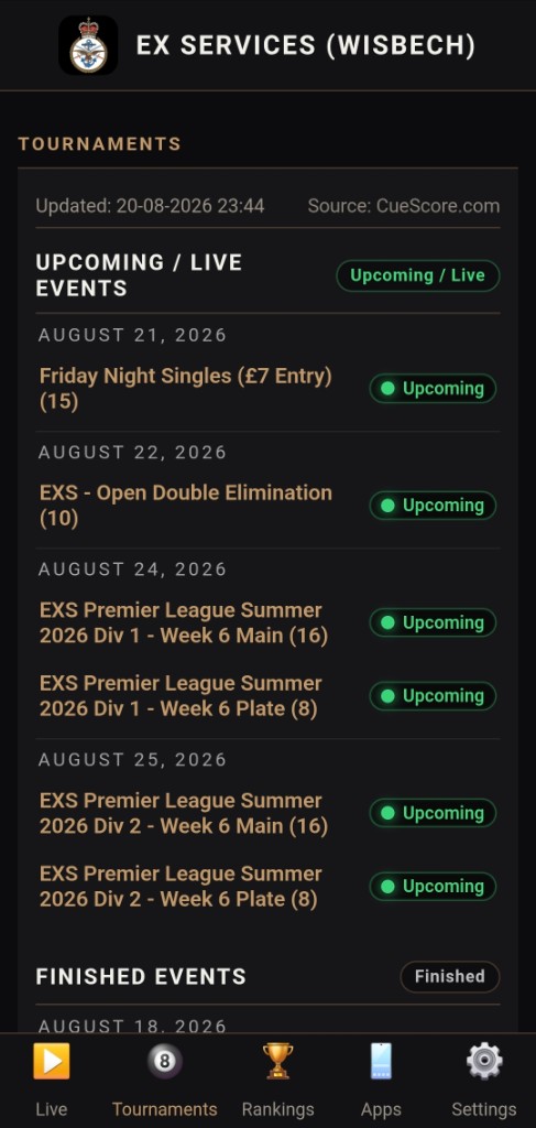 Club app Tournaments tab showing upcoming events